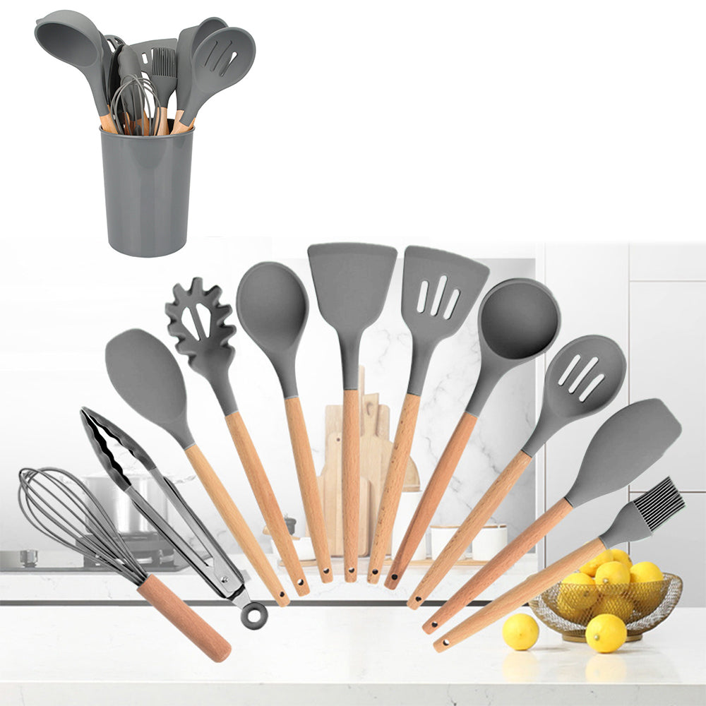 Silicone Kitchen Cooking Utensils Set with Wooden Handles 12 PCS Gray –  CCCOSTORE